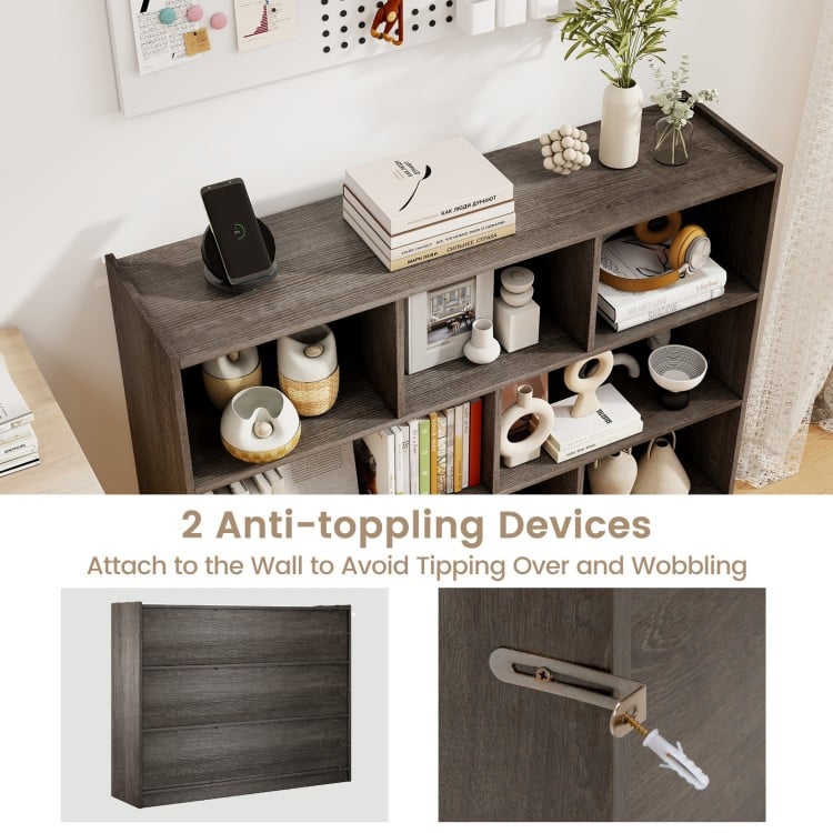 3-tier open bookcase in gray with 8 cubes, featuring anti-tipping devices for stability and safety in any room.