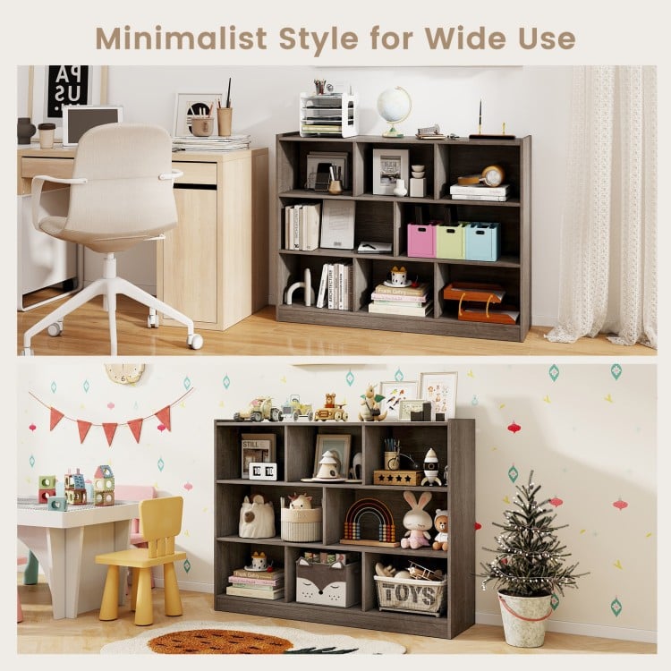 3-tier open bookcase in gray displaying decorative items on a wide top, perfect for modern home décor in any room.