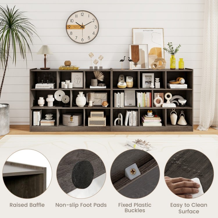 3-tier open bookcase in gray with 8 cubes, perfect for storage and display in living room or bedroom. Easy to clean.