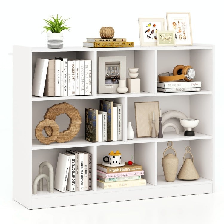 3-tier open bookcase with 8 cubes in white, ideal for storage and display in living room or bedroom.