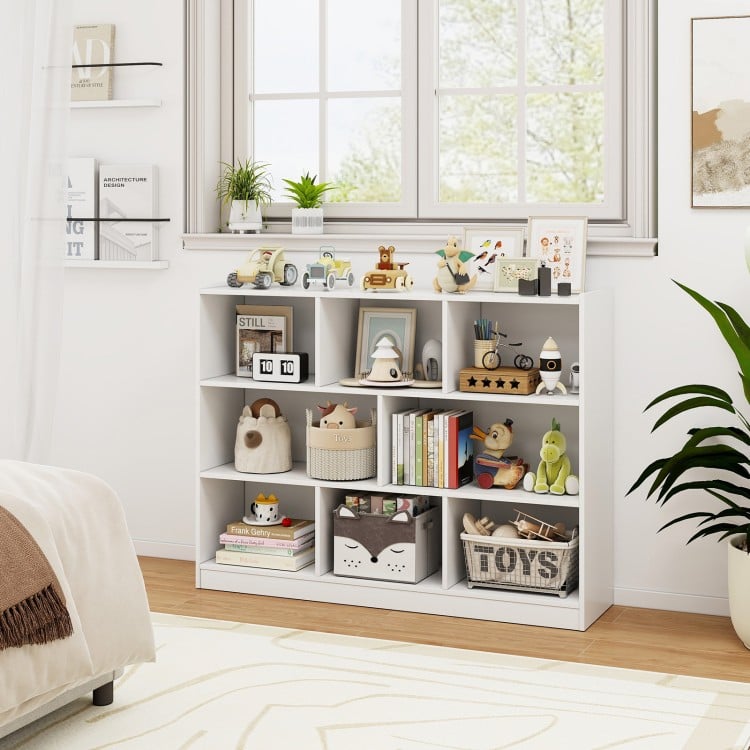 3-tier open bookcase with 8 cubes in white, perfect for organizing and displaying items in any room.