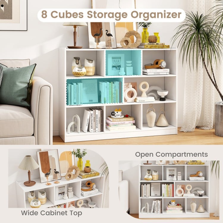 3-tier open bookcase with 8 cubes in white, featuring a wide cabinet top for decorative items and sturdy engineered.