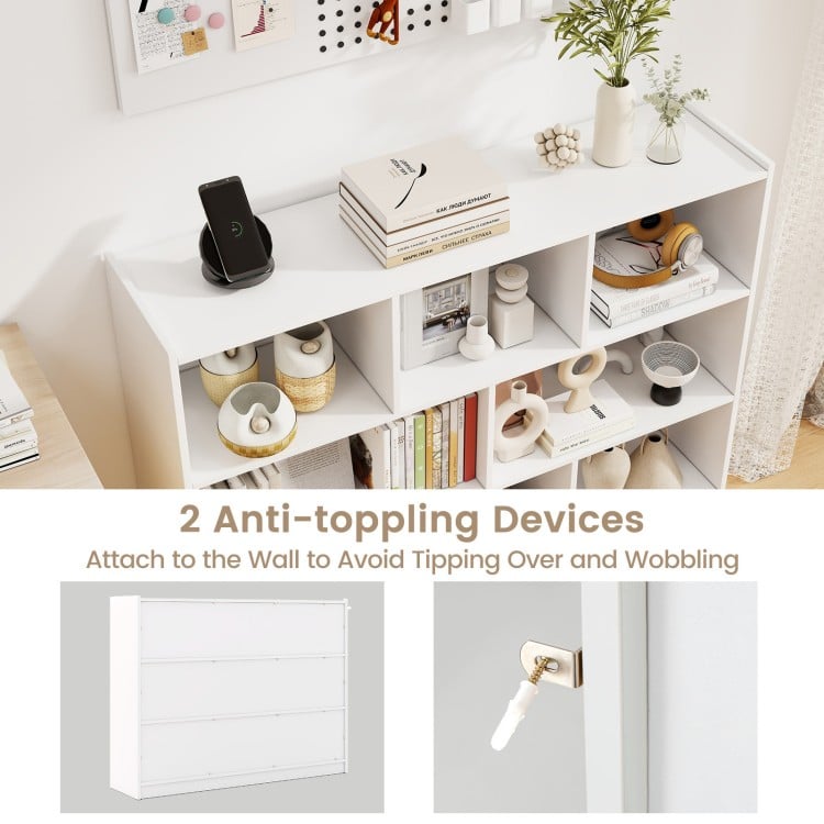 3-tier open bookcase in white with 8 cubes and anti-tipping devices, ideal for living room or bedroom storage.