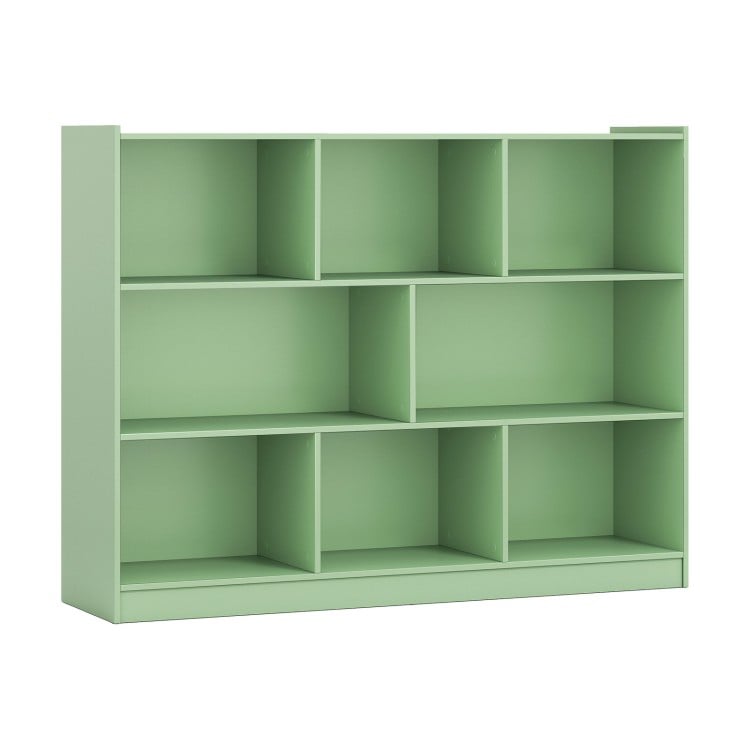 Green 3-tier open bookcase with 8-cube storage, ideal for organizing books and toys in living rooms or kids' rooms.