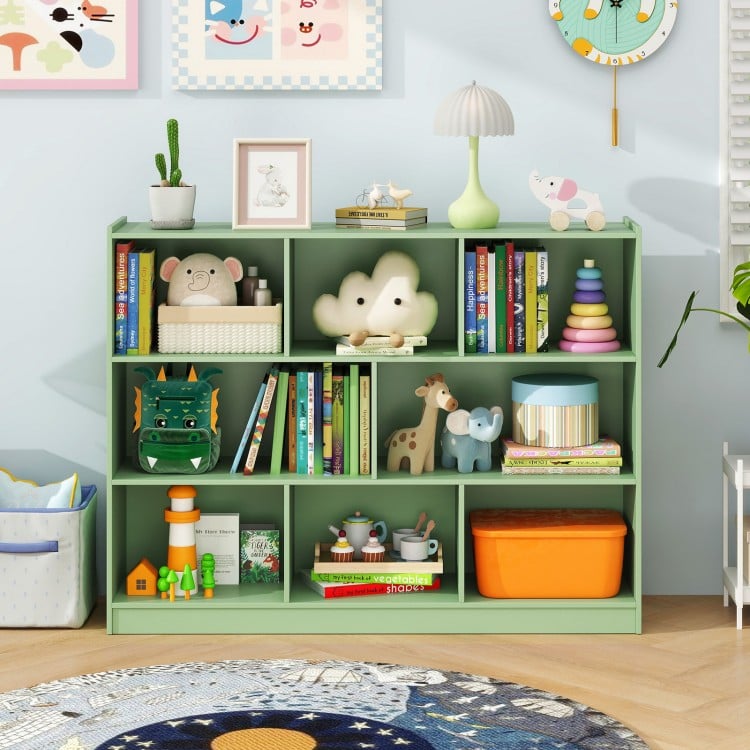3-tier open bookcase in green with 8 cubes, ideal for organizing books and toys in a kid's room or living space.