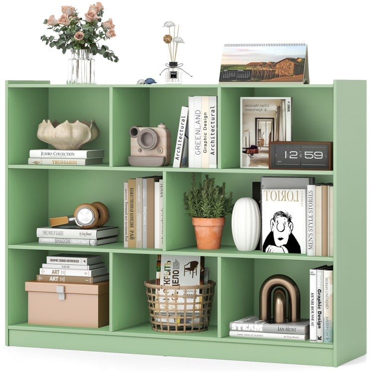 3-tier open bookcase in green featuring 8-cube storage for books and toys, ideal for living room or kid's room.