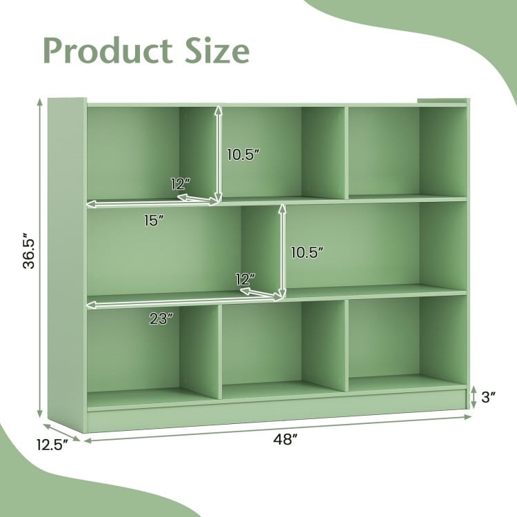 3-tier open bookcase in green with 8-cube storage, dimensions 36.5" x 48", ideal for organizing books and toys.