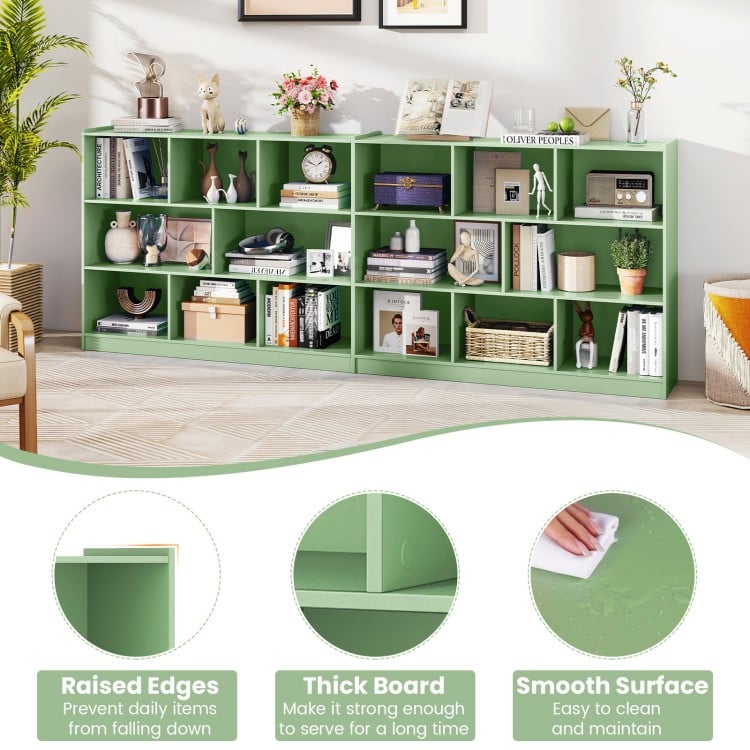 3-tier green open bookcase with 8 cubes, featuring raised edges and thick board for sturdy storage in any room.