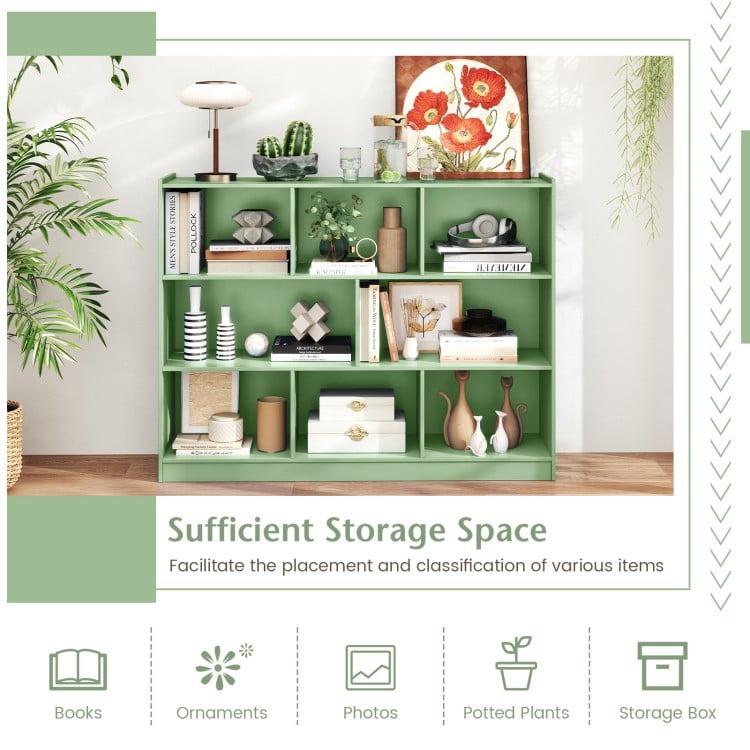 3-tier green open bookcase with 8 cubes for organized storage of books, toys, and decor in any room.