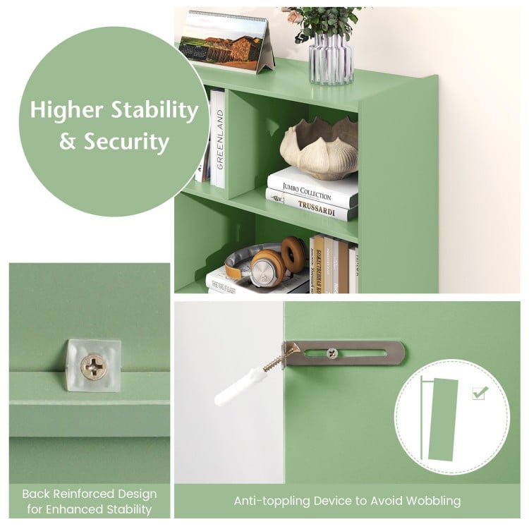 3-tier open bookcase in green with reinforced back design and anti-tipping device for enhanced stability and security.