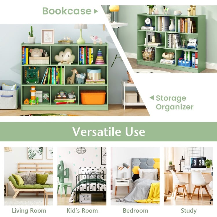 3-tier open bookcase in green with 8 cubes for organized storage of books and toys, suitable for various rooms.