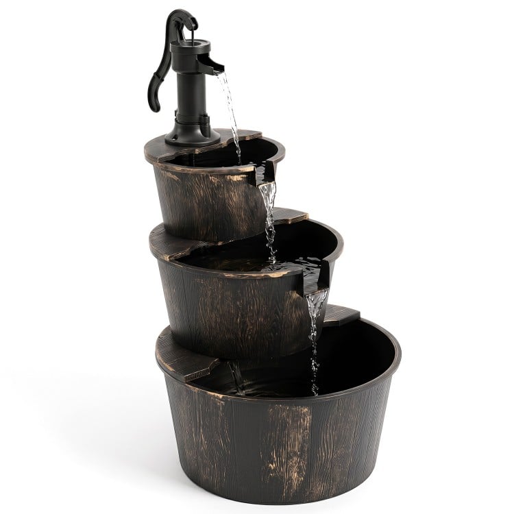 3-tier outdoor barrel waterfall fountain with vintage bronze finish and electric pump for a relaxing garden retreat.