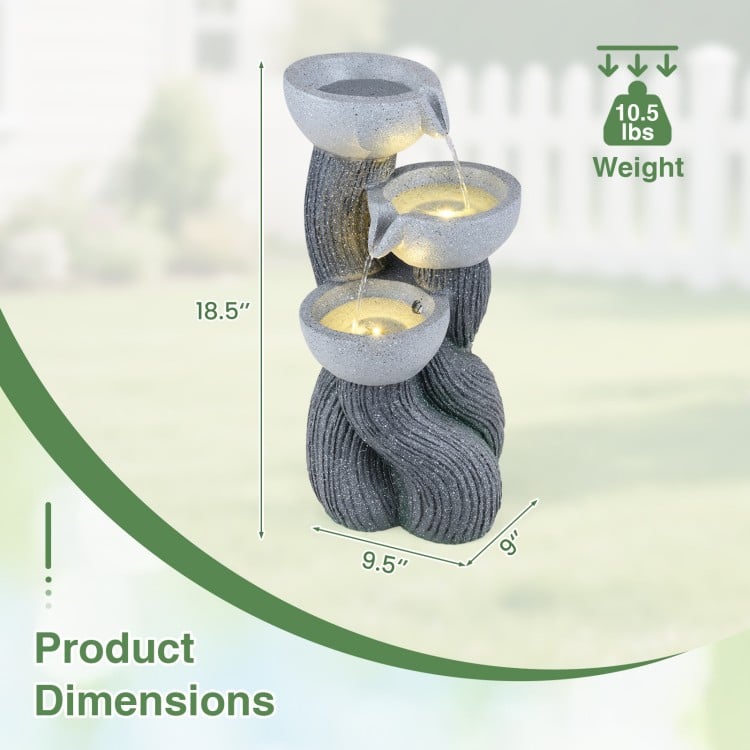 3-tier outdoor water fountain with LED lights, 18.5 inches high, resin construction, ideal for patio or deck decoration.