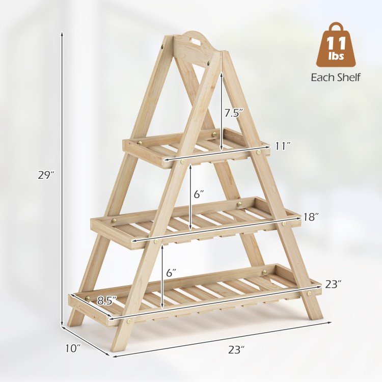 3-tier natural fir wood plant stand with open slatted shelves, ideal for indoor and outdoor plant display.