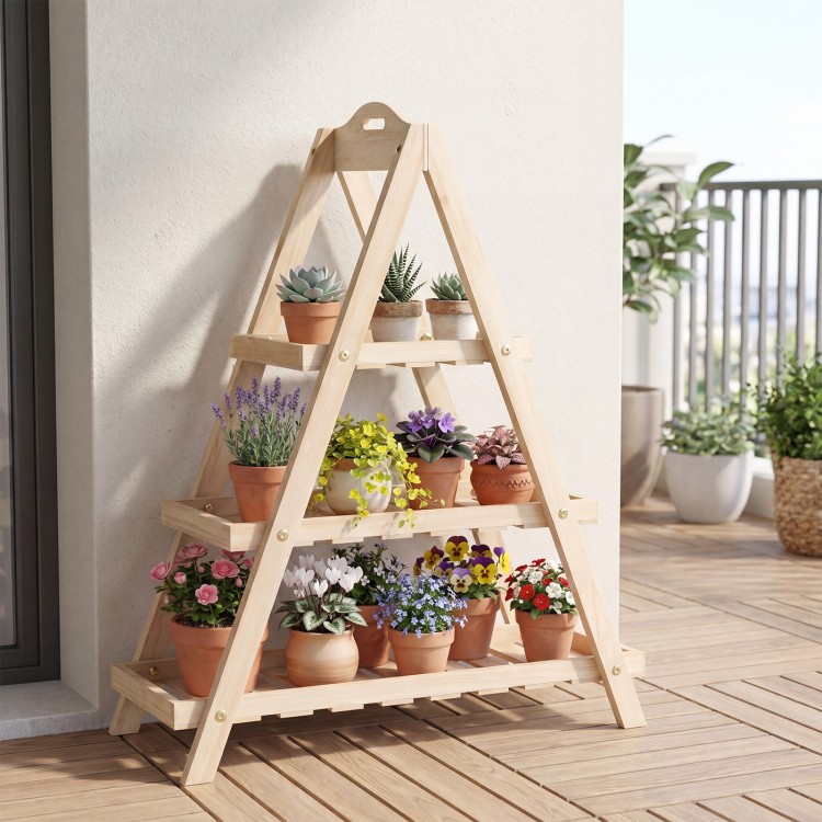 3-tier natural fir wood plant stand with potted flowers, ideal for compact indoor or outdoor spaces like balconies.