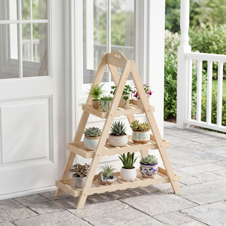3-tier plant stand in natural fir wood, featuring open slatted shelves for air circulation, ideal for indoor or outdoor.