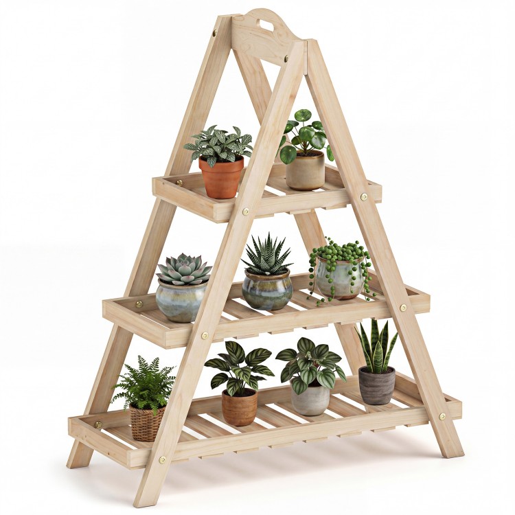 3-tier plant stand made of solid fir wood, featuring an A-frame design, ideal for indoor or outdoor plant display.