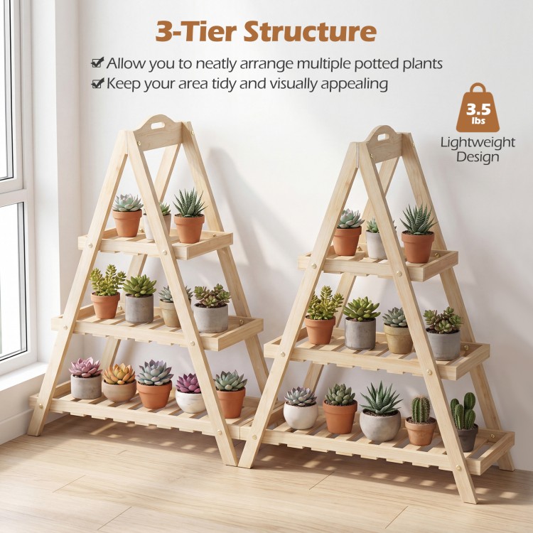 3-tier plant stand made of solid fir wood, featuring an A-frame design, perfect for indoor and outdoor plant display.
