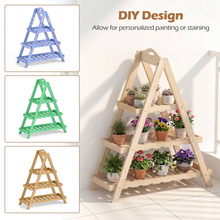3-tier plant stand made of solid fir wood, featuring an A-frame design for stability, ideal for indoor or outdoor use.