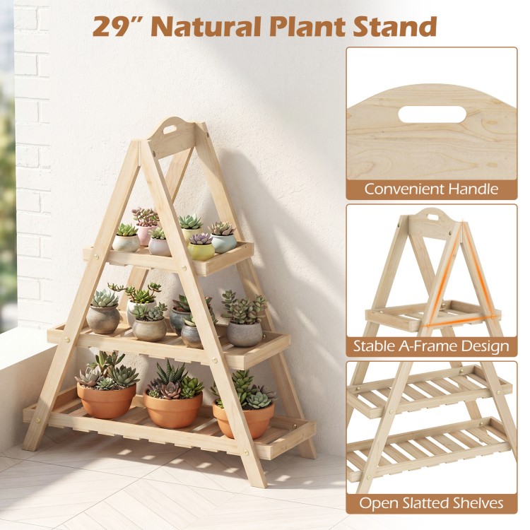 3-tier natural plant stand in solid fir wood with open slatted shelves, ideal for indoor or outdoor plant display.