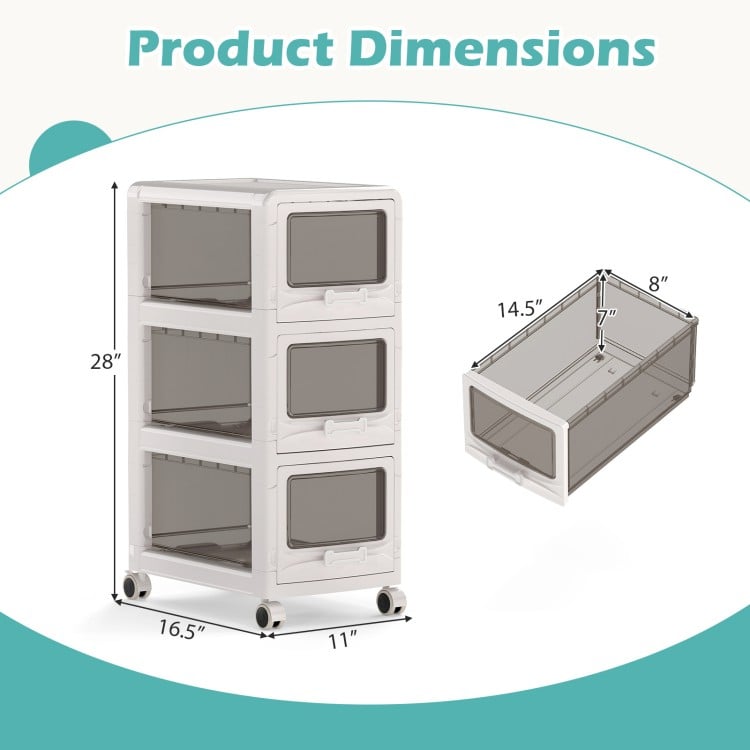 3-tier plastic drawer storage organizer cart with lockable wheels, dimensions 28"x16.5"x11", ideal for home or office.