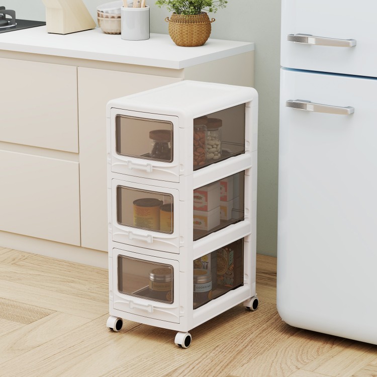 3-tier plastic drawer storage organizer cart with lockable wheels, ideal for kitchen and office organization.