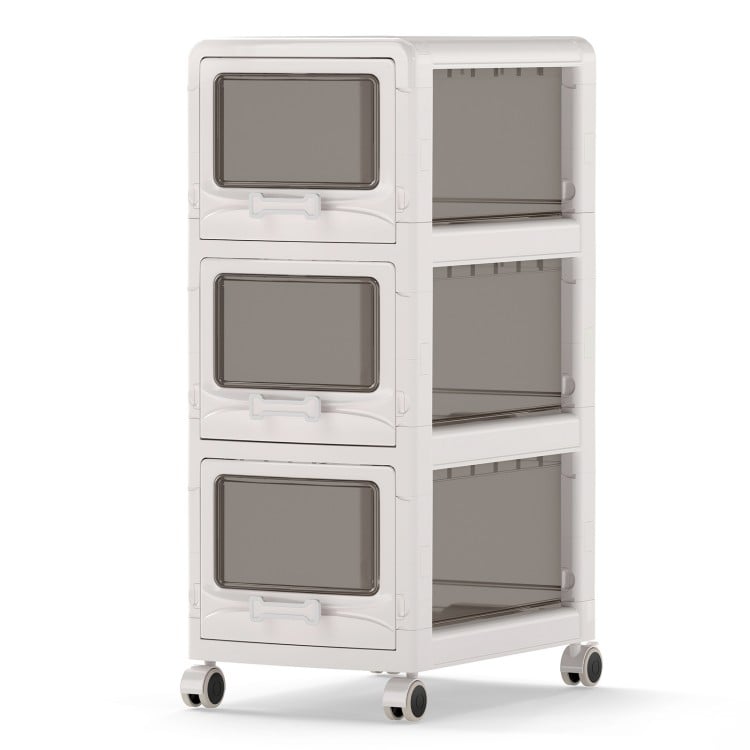 3-tier plastic drawer storage organizer cart with lockable wheels, ideal for office and home organization.