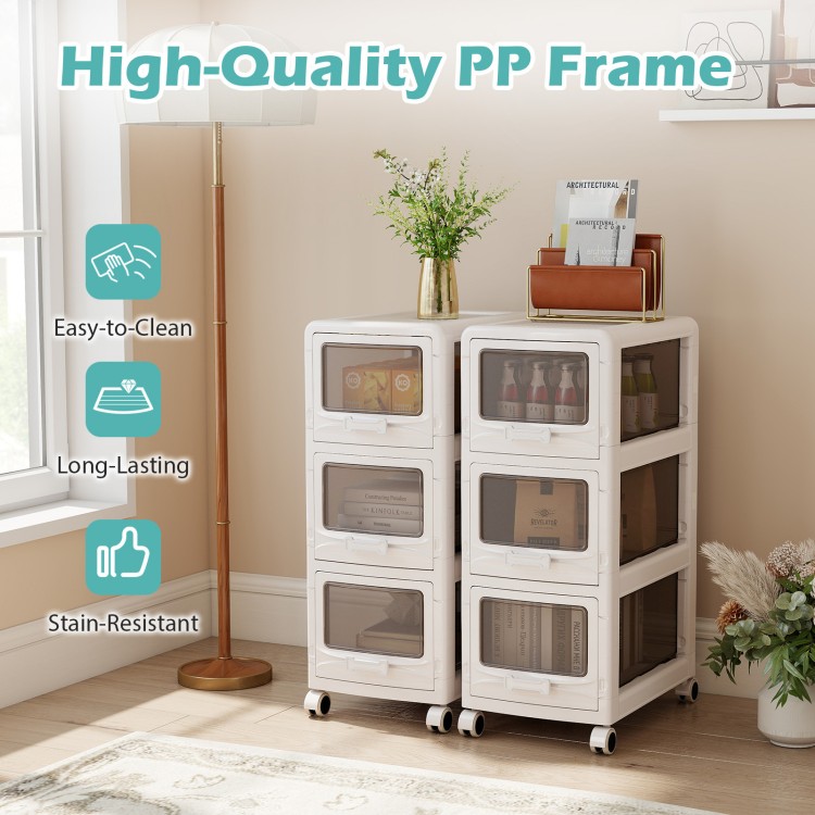 3-tier rolling cart with 4 drawers, made of easy-to-clean PP frame, ideal for organizing office and home supplies.