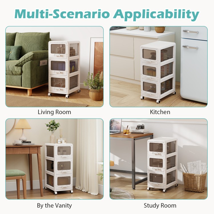 3-tier plastic drawer storage organizer cart with lockable wheels, ideal for living room, kitchen, or study room use.