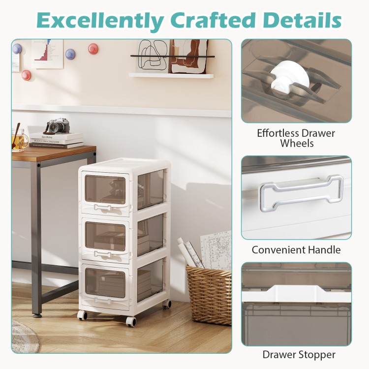 3-tier plastic drawer storage organizer with lockable wheels, convenient handle, and effortless drawer access for.