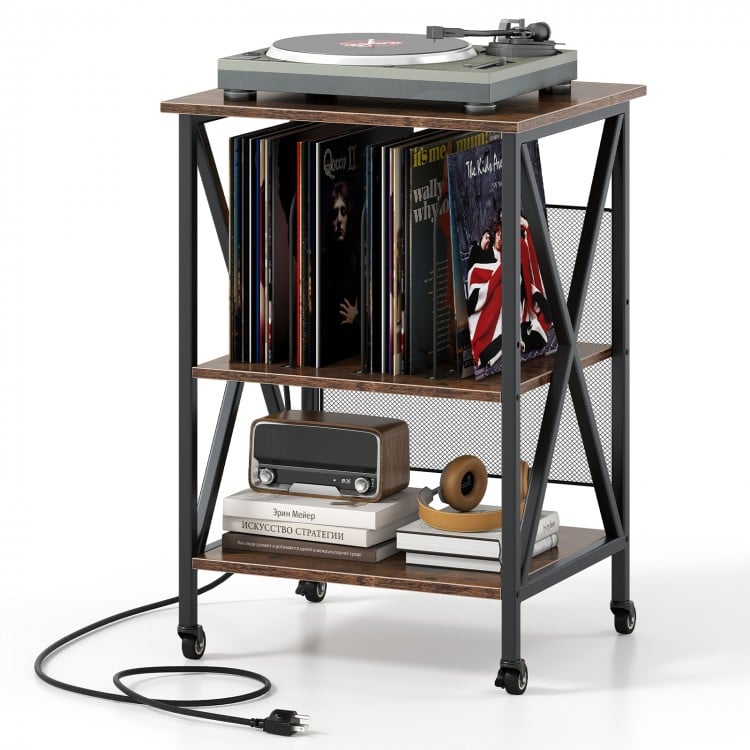3-tier record player stand with adjustable shelves, built-in charging station, and removable dividers for vinyl storage.