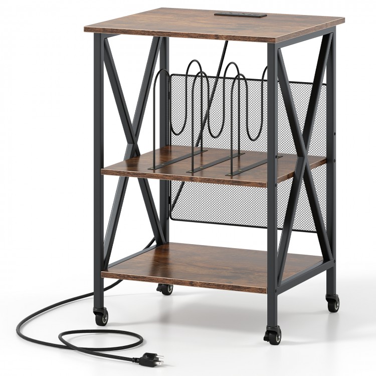 3-tier record player stand with charging station, adjustable shelves, and metal mesh back for vinyl storage and.