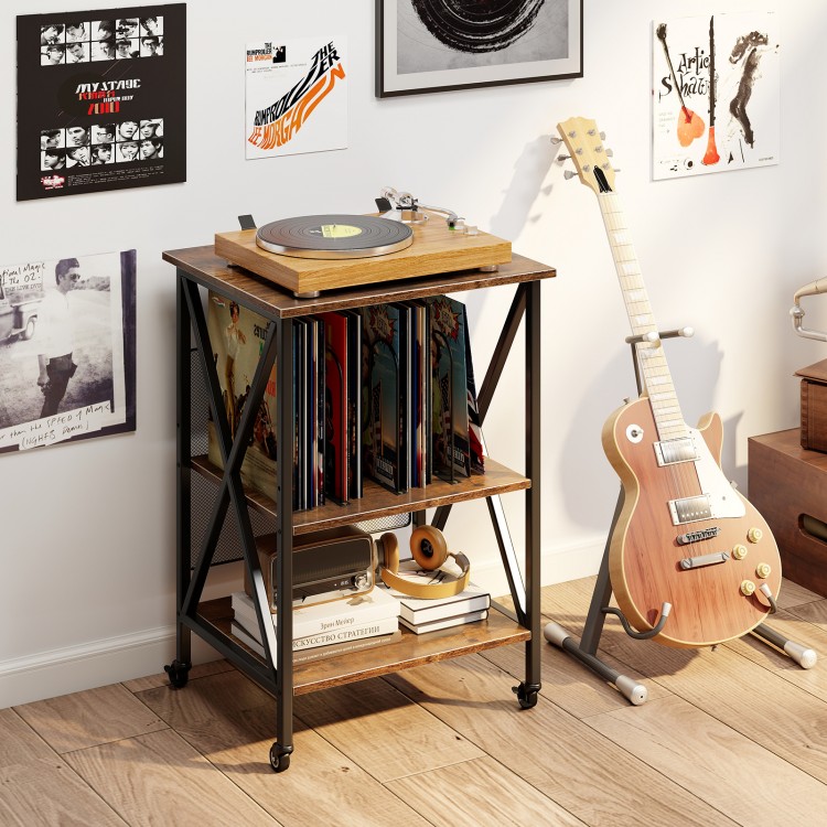 3-tier record player stand with adjustable shelves, built-in charging station, and stylish metal frame for organized.