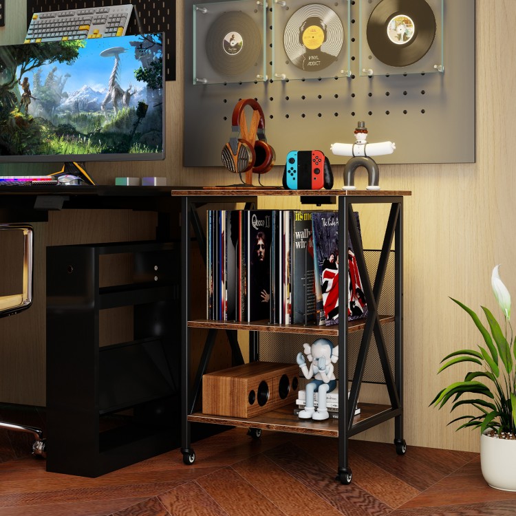 3-tier record player stand featuring a stylish metal frame, removable dividers, and flexible storage for vinyl records.
