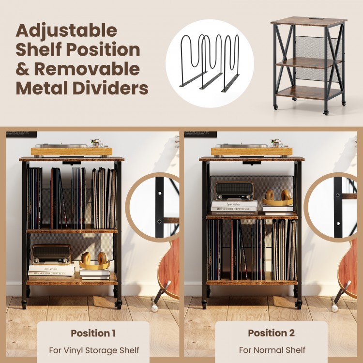 3-tier record player stand with adjustable shelves, removable dividers, and built-in charging station for organized.