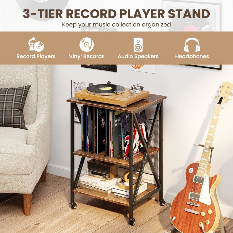 3-tier record player stand with adjustable shelves, built-in charging station, and removable dividers for organized.