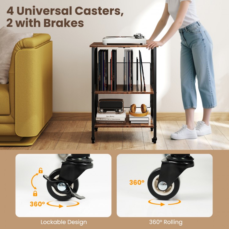 3-tier record player stand with adjustable shelf, built-in power strip, and 4 universal casters for easy mobility.