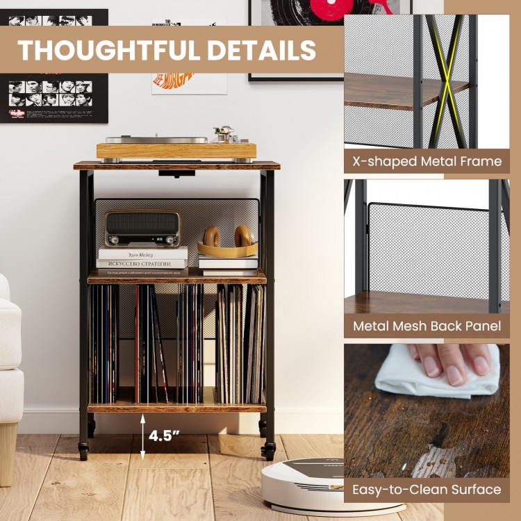 3-tier record player stand with adjustable shelf, X-shaped metal frame, and built-in charging station for organized.