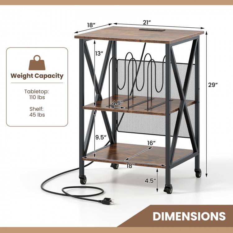 3-tier record player stand dimensions with adjustable shelf height, metal frame, and built-in power strip for charging.