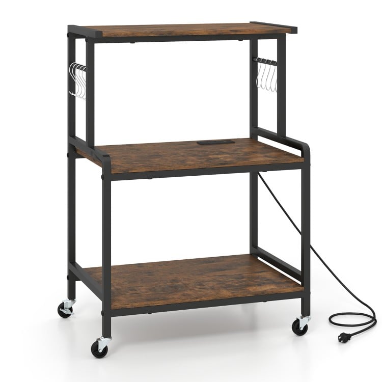 3-tier rolling microwave cart in rustic brown with power outlet, lockable wheels, and 10 hooks for versatile organization.