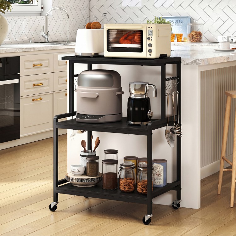 3-tier black rolling microwave cart includes smooth wooden shelves and universal wheels for easy mobility and organization.