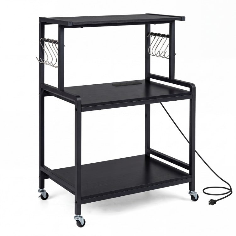 3-tier black rolling microwave cart features a charging station with 2 AC outlets and USB ports for convenient power access.