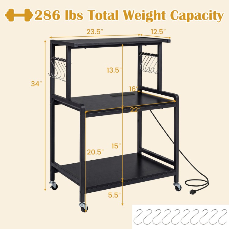 3-tier black rolling microwave cart dimensions are 23.5" L x 16" W x 34" H, designed for versatile kitchen use.