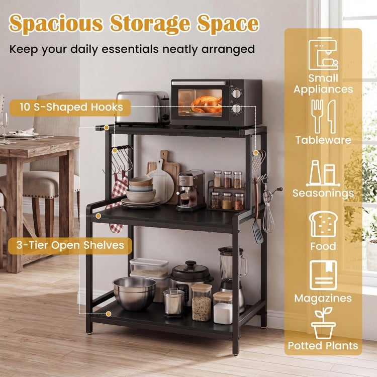 3-tier black rolling microwave cart with 10 hooks and power outlet, ideal for organizing kitchen essentials and appliances.