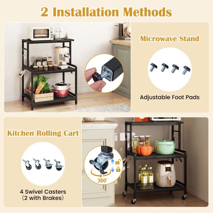 3-tier black rolling microwave cart with lockable wheels, power outlet, and 10 hooks for versatile kitchen organization.