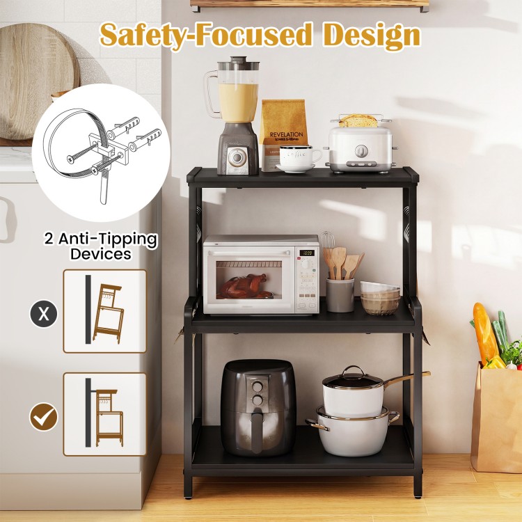 3-tier black rolling microwave cart features 2 anti-tipping devices and adjustable foot pads for safety and stability.