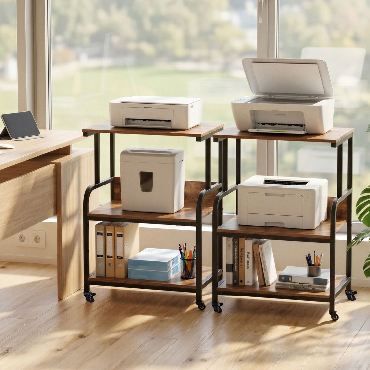 3-tier rolling printer stand in rustic brown with adjustable shelf and lockable wheels, perfect for office organization.