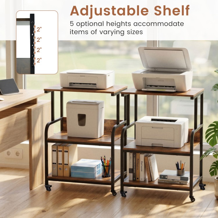 3-tier rolling printer stand in rustic brown features an adjustable shelf and lockable wheels for versatile storage solutions.