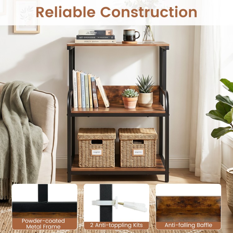 3-tier rolling printer stand in rustic brown with adjustable shelf, lockable wheels, and anti-toppling kits for stability.