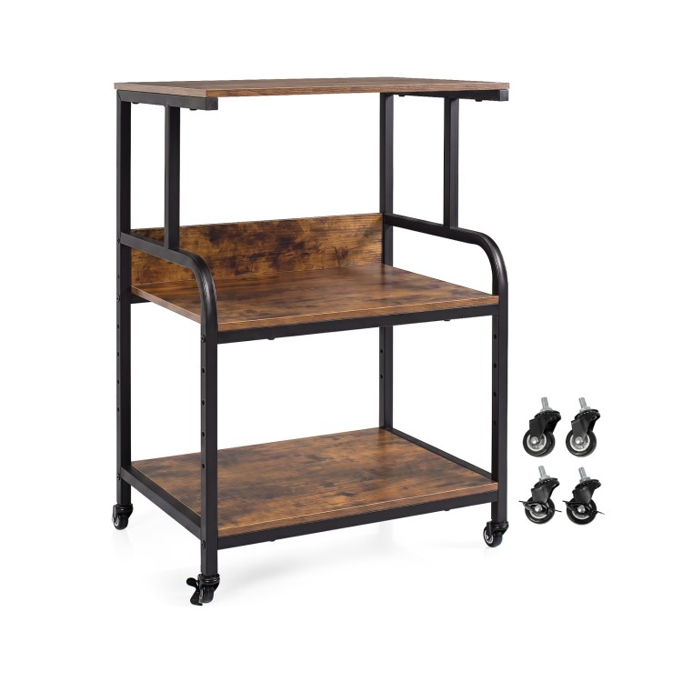 3-tier rolling printer stand in rustic brown with adjustable shelf and lockable wheels, ideal for office or study use.